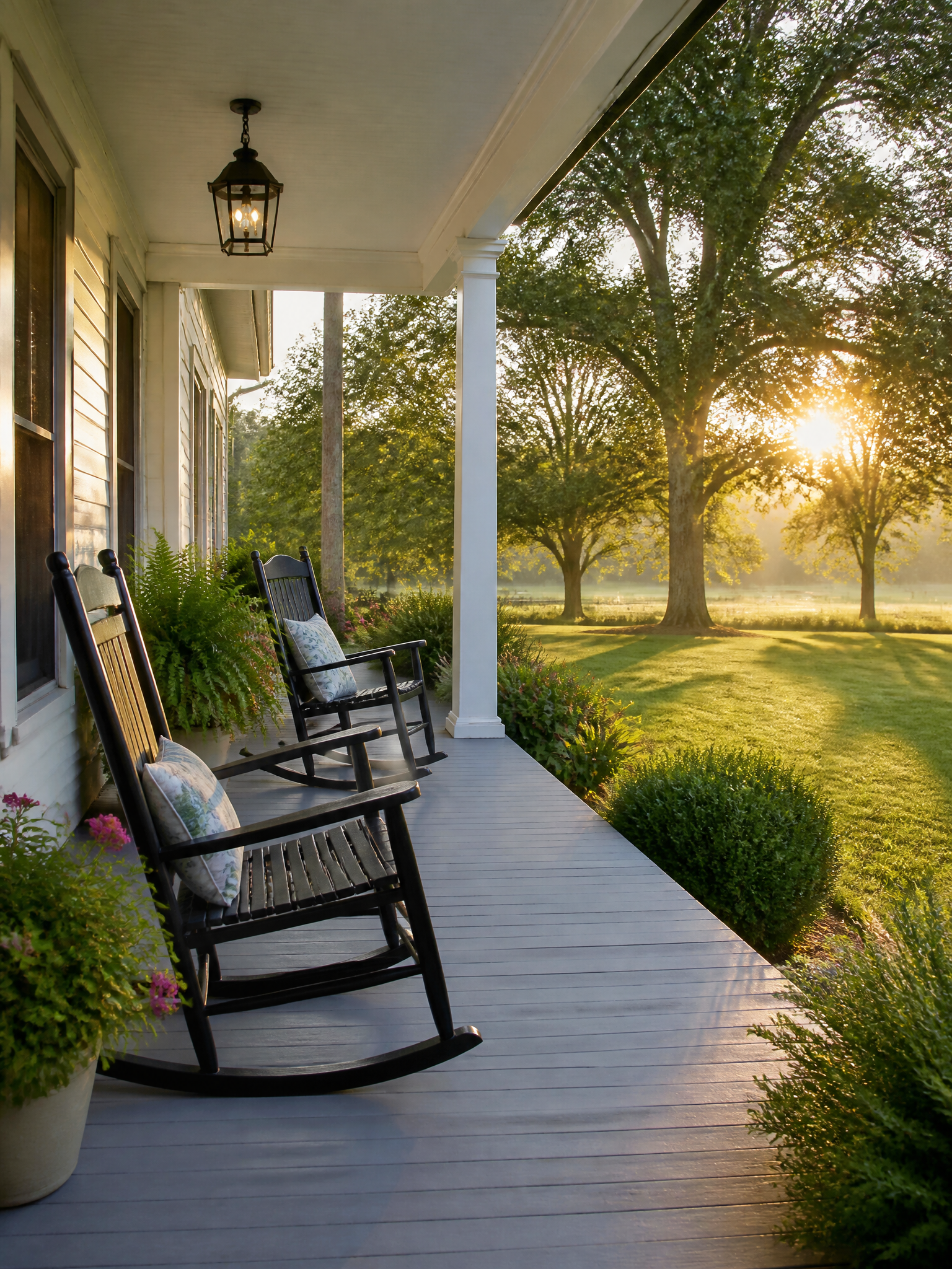 Rocking chairs on a farmhouse porch in the morning light