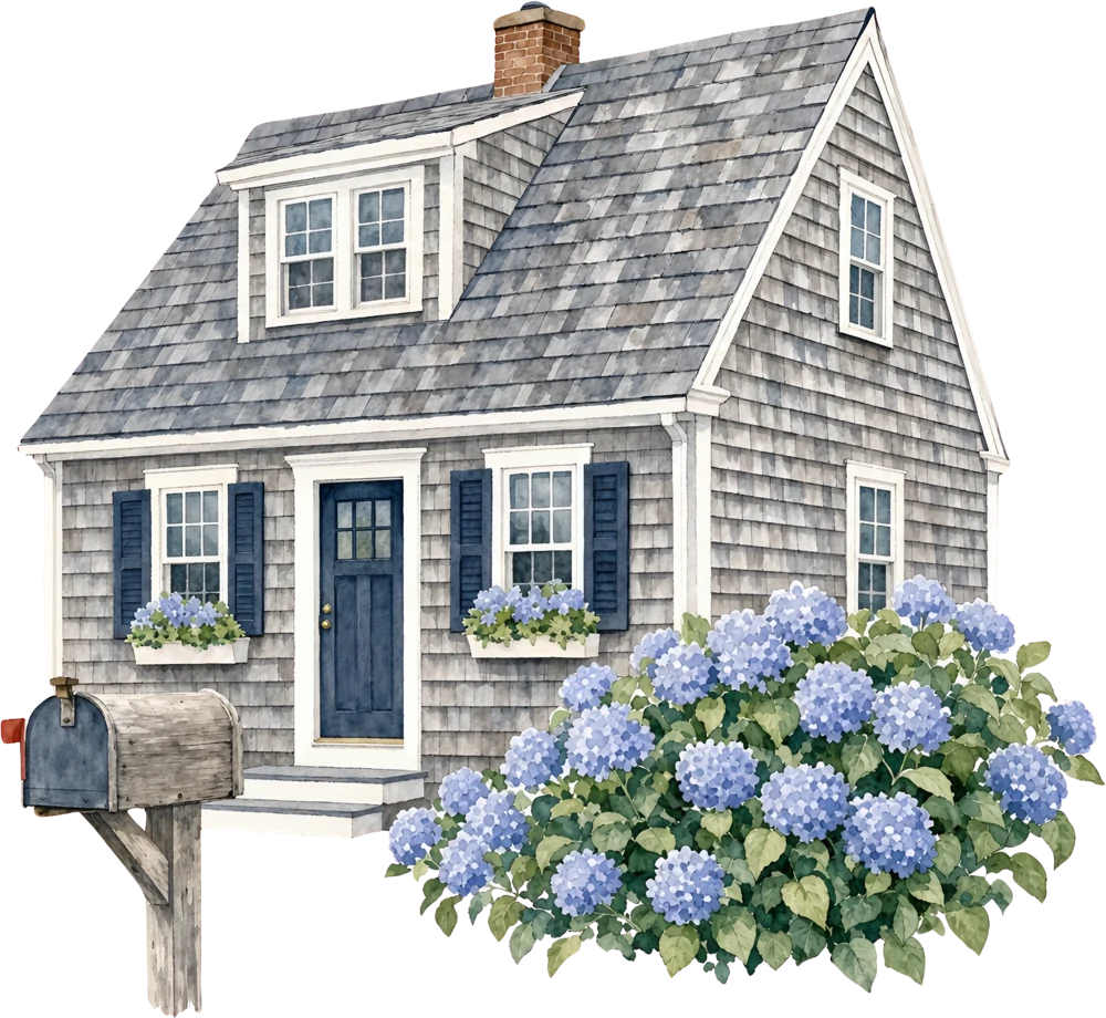Watercolor cottage with blue hydrangeas and a mailbox